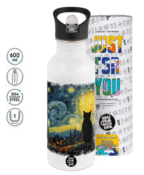 Black Cat — White water bottle with straw, stainless steel 600ml