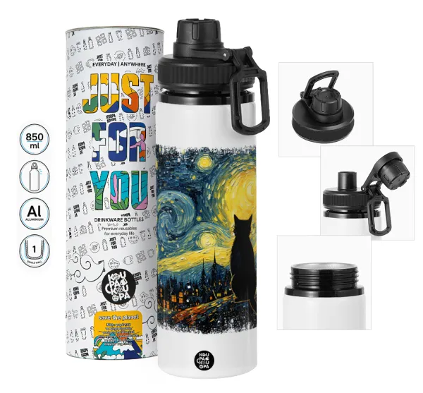 Starry Night Cat — Μεταλλικό παγούρι νερού με καπάκι ασφαλείας, αλουμινίου 850ml
