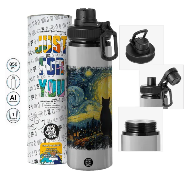 Black Cat — Metallic water bottle with safety cap, 850ml aluminum