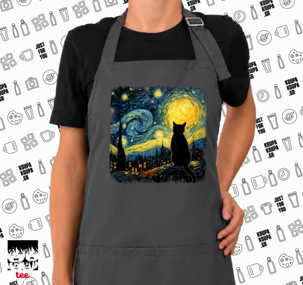 Starry Night Cat — GREY Ποδιά μαγειρικής μακριά Σεφ με τσέπες (ΕΝΗΛΙΚΩΝ, ΓΚΡΙ)