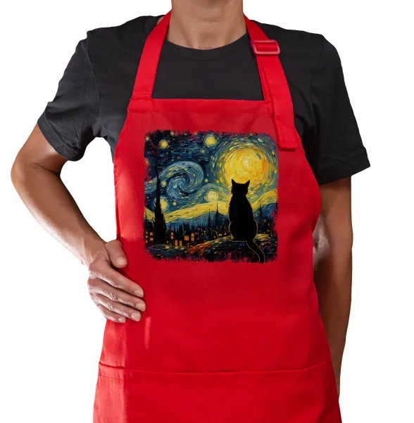 Starry Night Cat — Κόκκινη Ποδιά μαγειρικής με τσέπες (ΕΝΗΛΙΚΩΝ)