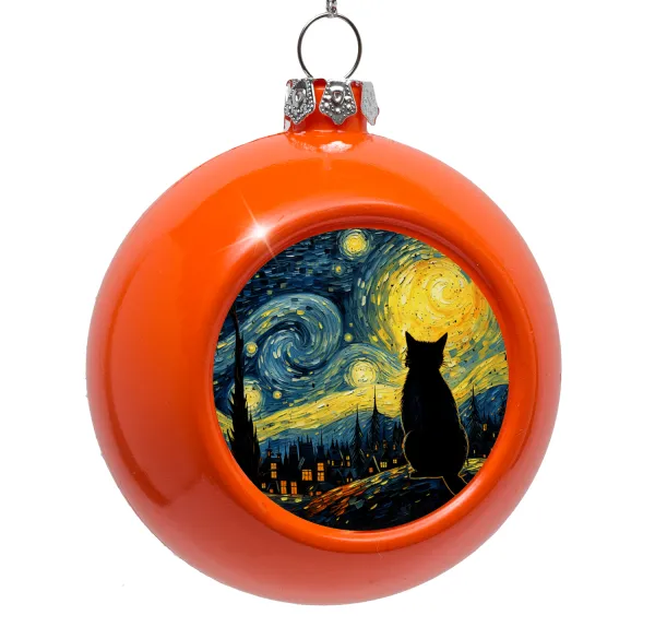 Black Cat — Orange Christmas tree ornament bauble 8cm