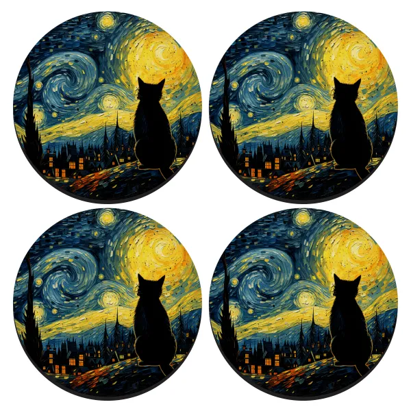 Starry Night Cat — ΣΕΤ 4 Σουβέρ ξύλινα στρογγυλά (9cm)
