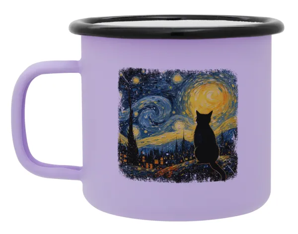 Black Cat — Metal enamel mug, matte light pastel purple, 360ml