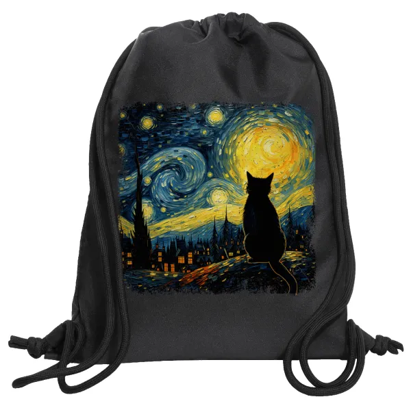 Starry Night Cat — Τσάντα πλάτης πουγκί GYMBAG Μαύρη, με τσέπη (40x48cm) & χονδρά κορδόνια