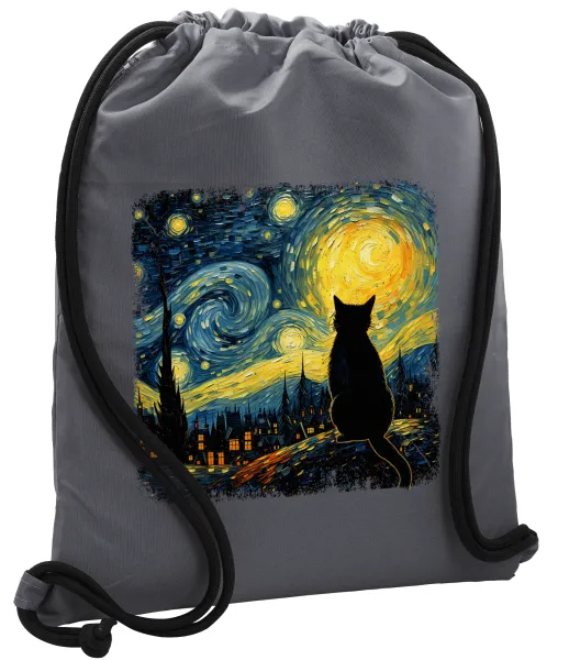 Starry Night Cat — Τσάντα πλάτης πουγκί GYMBAG ΓΚΡΙ, με τσέπη (40x48cm) & χονδρά κορδόνια