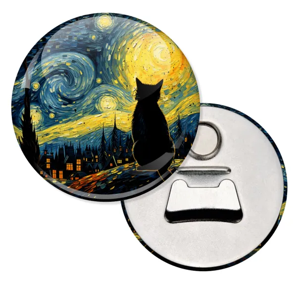 Black Cat — Round magnet and beer bottle opener, 5.9cm