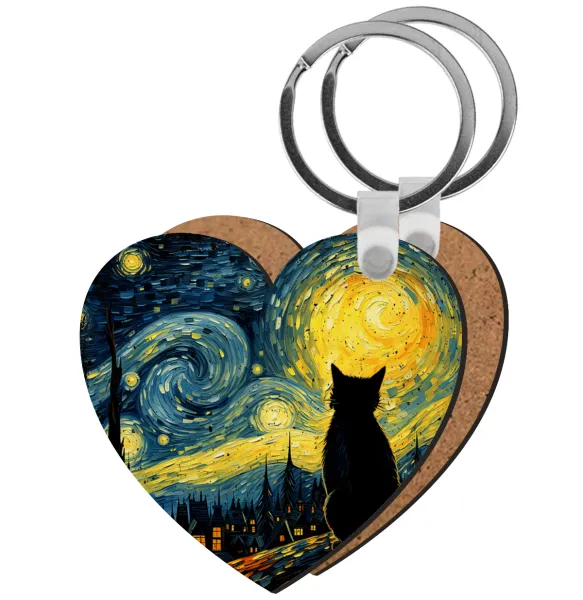 Black Cat — Heart wooden MDF keychain