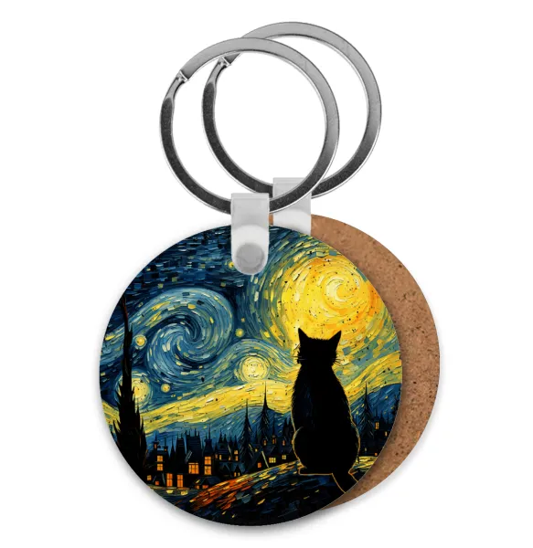 Black Cat — Round wooden MDF keychain, Ø5cm