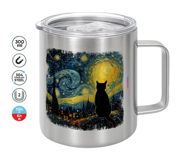 Black Cat — Double-walled stainless steel mug 300ml with temperature-retaining lid