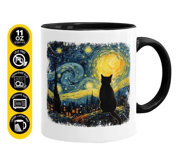 Starry Night Cat — Κούπα χρωματιστή μαύρη, κεραμική, 330ml