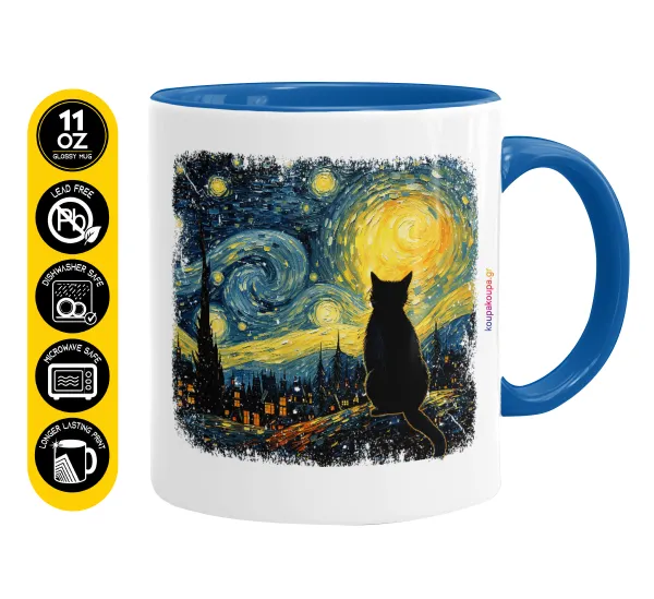 Starry Night Cat — Κούπα χρωματιστή μπλε, κεραμική, 330ml