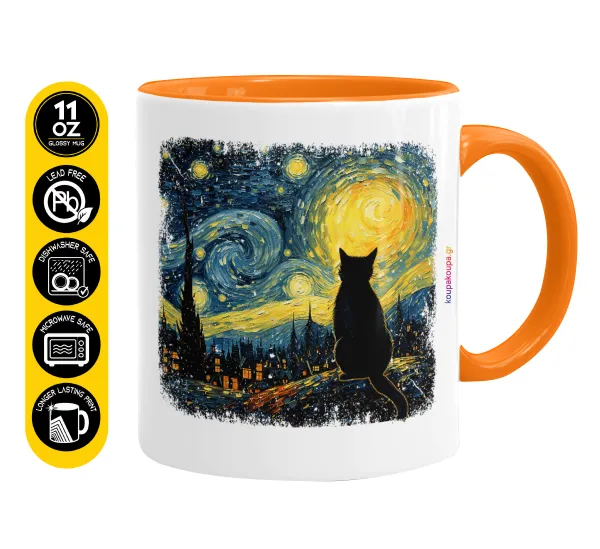Starry Night Cat — Κούπα χρωματιστή πορτοκαλί, κεραμική, 330ml