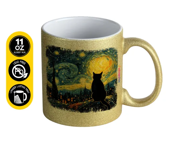 Black Cat — Gold glitter mug that sparkles, ceramic, 330ml