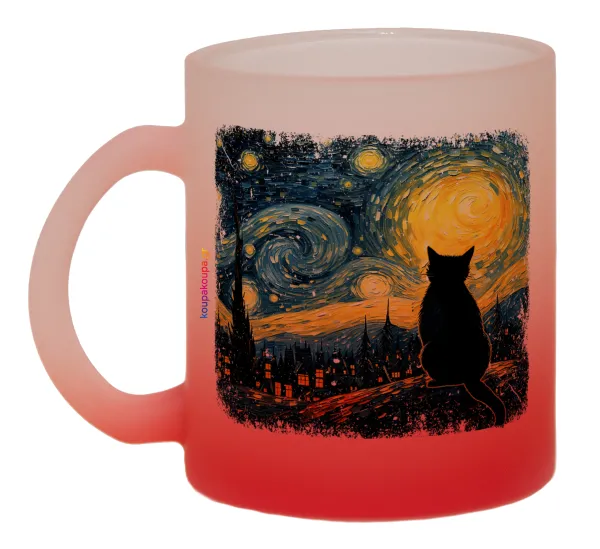 Starry Night Cat — Κούπα γυάλινη δίχρωμη με βάση το κόκκινο ματ, 330ml