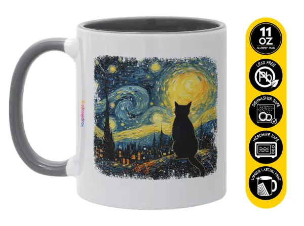 Starry Night Cat — Κούπα χρωματιστή γκρι, κεραμική, 330ml