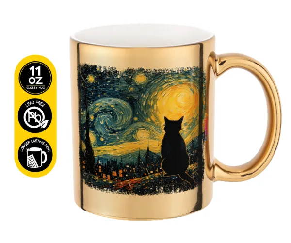 Starry Night Cat — Κούπα κεραμική, χρυσή καθρέπτης, 330ml