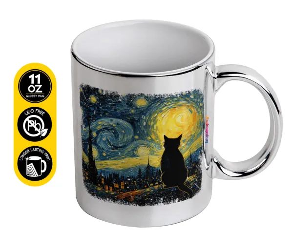 Black Cat — Mug ceramic, silver mirror, 330ml