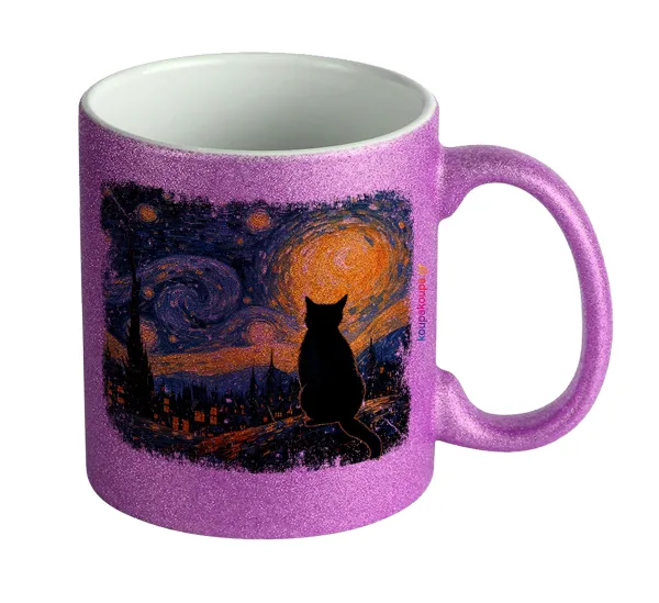 Starry Night Cat — Κούπα Μωβ Glitter που γυαλίζει, κεραμική, 330ml