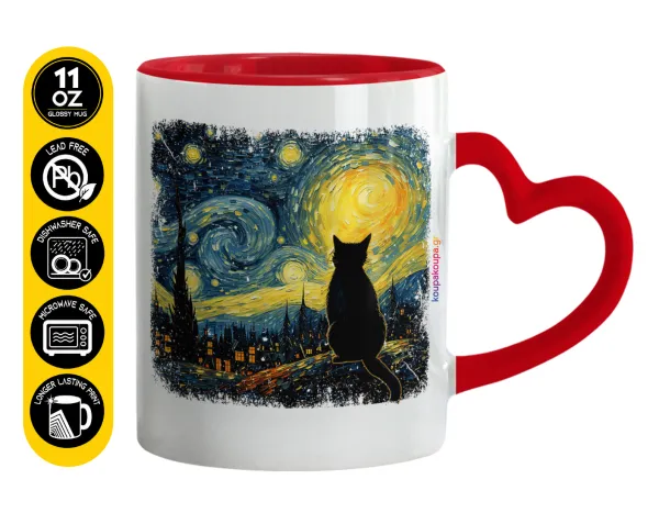 Black Cat — Mug heart red handle, ceramic, 330ml