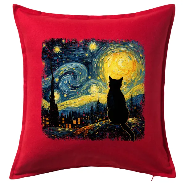 Starry Night Cat — Μαξιλάρι καναπέ Κόκκινο 100% βαμβάκι, περιέχεται το γέμισμα (50x50cm)
