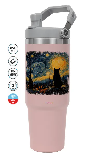 Black Cat — PINK Travel Tumbler with Handle 890ml