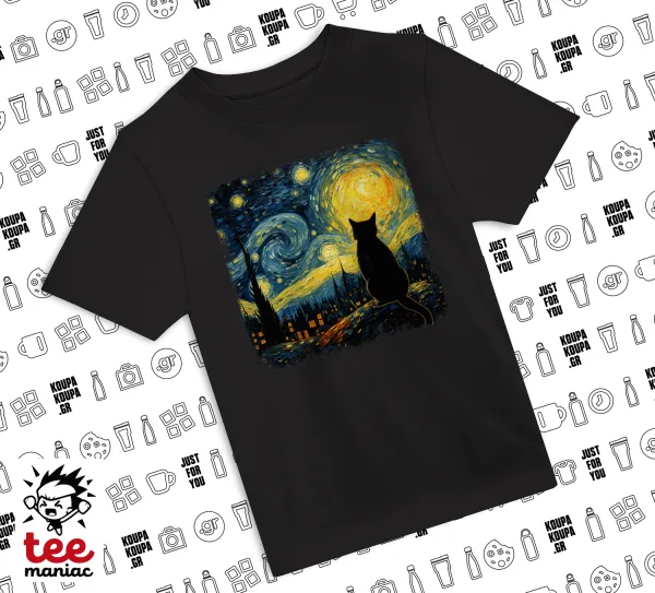 Starry Night Cat — ΜΑΥΡΟ Άνετο παιδικό T-Shirt από 100% βαμβάκι, για κάθε μέρα. Vegan & OEKO-TEX πιστοποιημένο.