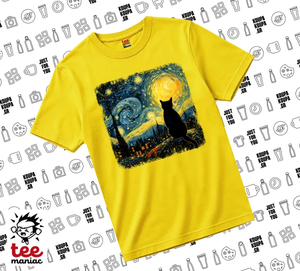 Starry Night Cat — Κίτρινο Άνετο παιδικό T-Shirt από 100% βαμβάκι, για κάθε μέρα. Vegan & OEKO-TEX πιστοποιημένο.