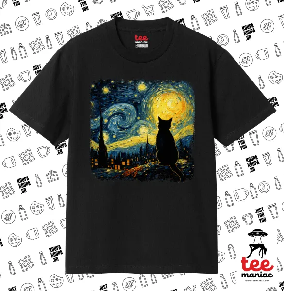 Starry Night Cat — ΜΑΥΡΟ Κλασικό T-Shirt, διπλής ραφής, χωρίς πλευρικές ραφές από 100% βαμβάκι. Vegan & OEKO-TEX πιστοποιημένο.