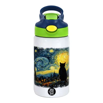 Starry Night Cat, Παιδικό παγούρι θερμό, ανοξείδωτο, με καλαμάκι ασφαλείας, πράσινο/μπλε (350ml)