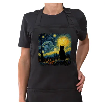 Starry Night Cat, Μαύρη Ποδιά μαγειρικής Σεφ ολόσωμη με τσέπες (ΕΝΗΛΙΚΩΝ)