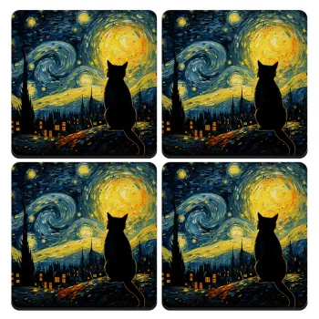 Starry Night Cat, ΣΕΤ 4 Σουβέρ ξύλινα τετράγωνα (9cm)