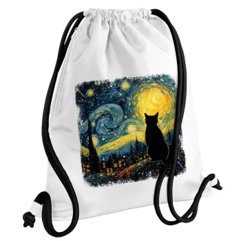 Starry Night Cat, Τσάντα πλάτης πουγκί GYMBAG λευκή, με τσέπη (40x48cm) & χονδρά κορδόνια