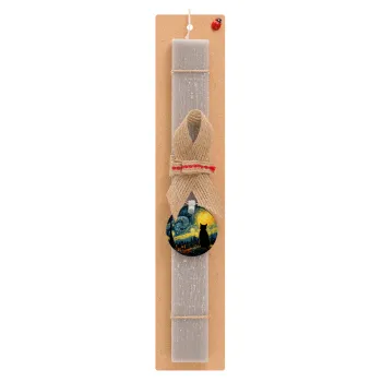 Starry Night Cat, Πασχαλινή Λαμπάδα με ξύλινο μπρελόκ & κερί αρωματικό πλακέ (30cm) (ΓΚΡΙ)