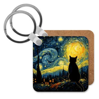 Starry Night Cat, Μπρελόκ Ξύλινο τετράγωνο MDF