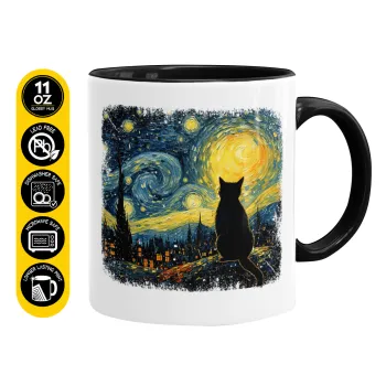 Starry Night Cat, Κούπα χρωματιστή μαύρη, κεραμική, 330ml