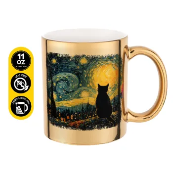 Starry Night Cat, Κούπα κεραμική, χρυσή καθρέπτης, 330ml