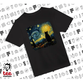 Starry Night Cat, ΜΑΥΡΟ Άνετο παιδικό T-Shirt από 100% βαμβάκι, για κάθε μέρα. Vegan & OEKO-TEX πιστοποιημένο.