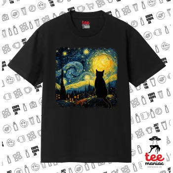 Starry Night Cat, ΜΑΥΡΟ Κλασικό T-Shirt, διπλής ραφής, χωρίς πλευρικές ραφές από 100% βαμβάκι. Vegan & OEKO-TEX πιστοποιημένο.