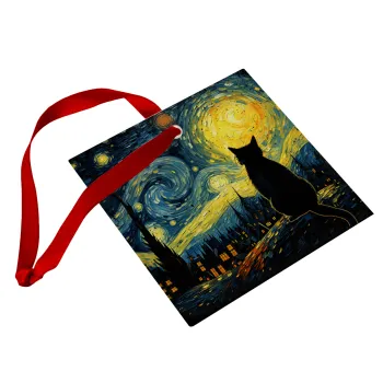 Starry Night Cat, Στολίδι Χριστουγεννιάτικο στολίδι γυάλινο τετράγωνο 9x9cm