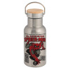 Stainless steel metallic thermos flask, silver with a bamboo lid, double-walled, 350ml.