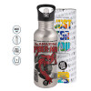 Water bottle Silver with straw, stainless steel 600ml