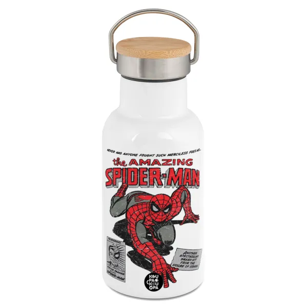 Spiderman the amazing — Metallic thermos (Stainless steel) White with wooden lid (bamboo), double-walled, 350ml