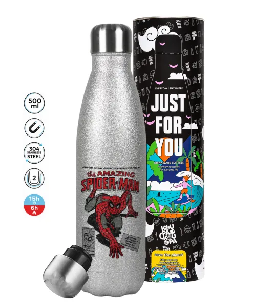 Spiderman the amazing — Metallic Glitter Silver Thermos Flask (Stainless steel), double-walled, 500ml