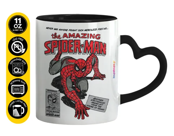 Spiderman the amazing — Κούπα καρδιά χερούλι μαύρη, κεραμική, 330ml