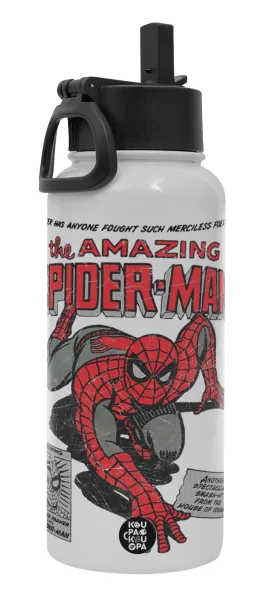 Spiderman the amazing — Μεταλλικό παγούρι θερμός Λευκό με καλαμάκι και χερούλι (Stainless steel), διπλού τοιχώματος, 950ml