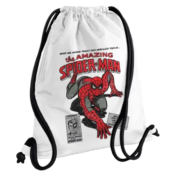 Spiderman the amazing, Τσάντα πλάτης πουγκί GYMBAG λευκή, με τσέπη (40x48cm) & χονδρά κορδόνια
