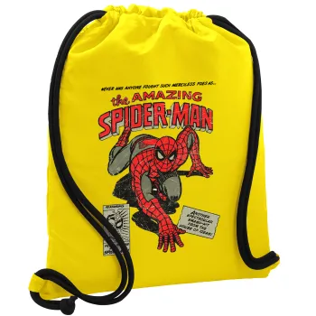 Spiderman the amazing, Τσάντα πλάτης πουγκί GYMBAG Κίτρινη, με τσέπη (40x48cm) & χονδρά κορδόνια
