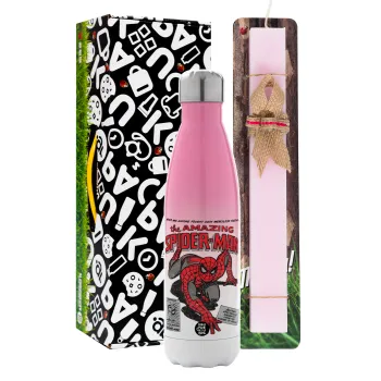 Spiderman the amazing, Easter Set, Metallic pink/white (Stainless steel) thermos, double-walled, 500ml & aromatic flat Easter candle (30cm) (PINK)