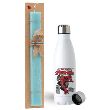 Spiderman the amazing, Easter Set, metallic stainless steel water bottle (750ml) & aromatic flat Easter candle (30cm) (TURQUOISE)